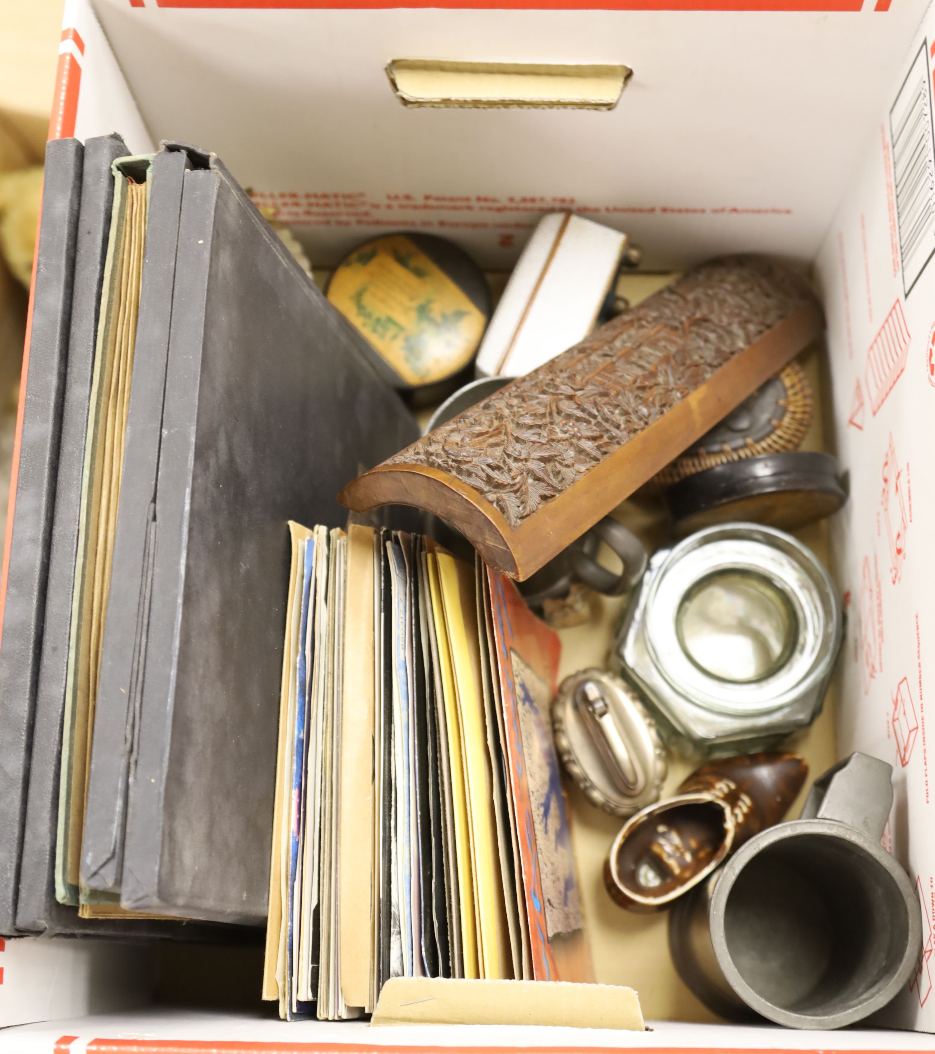A quantity of mixed collectables including an enamelled Milk Shop sign, a mother of pearl overlaid card case, lead toy soldiers, a papi